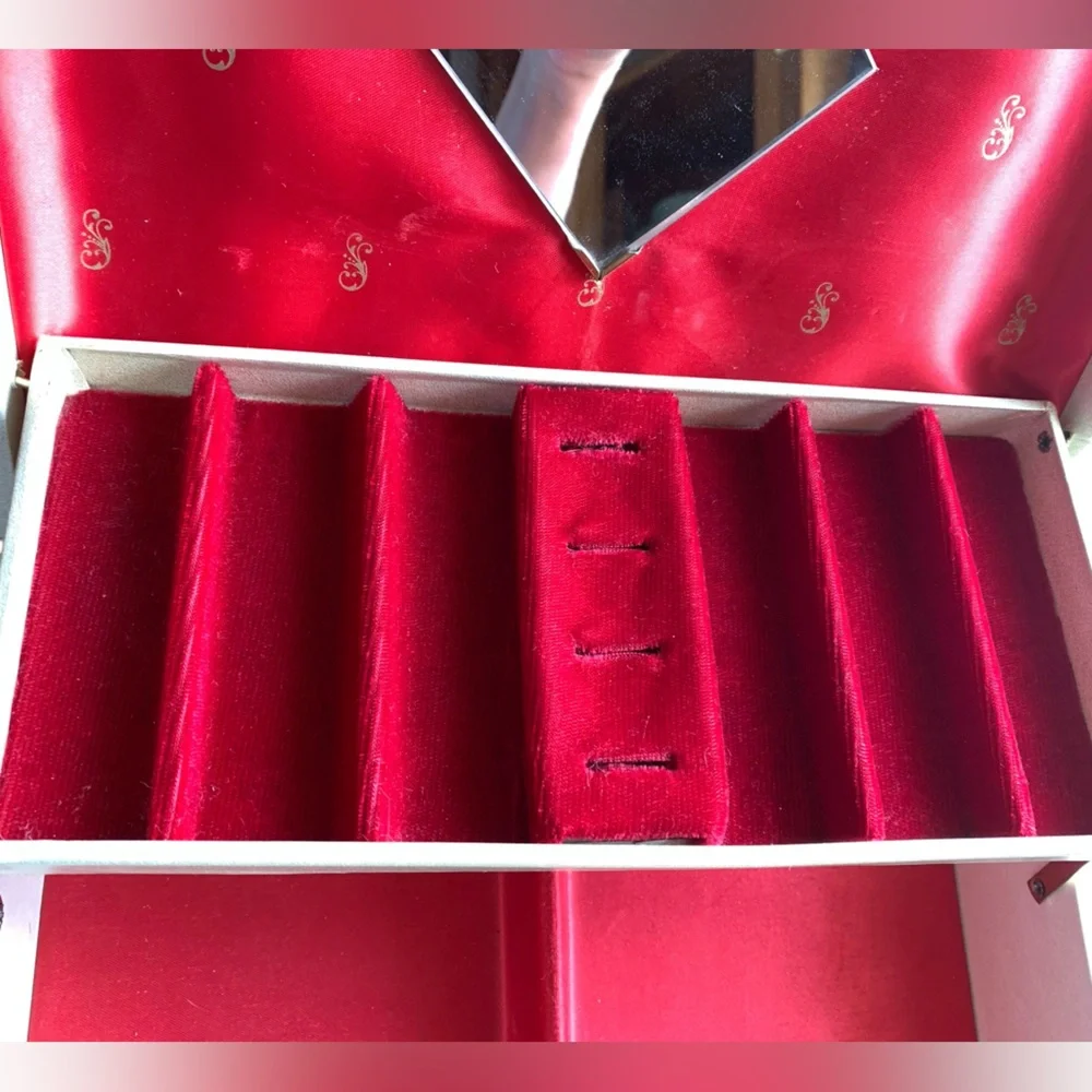 Vintage Two Tier Red Velvet Cream White Gold Flower Mirrored Jewelry Box